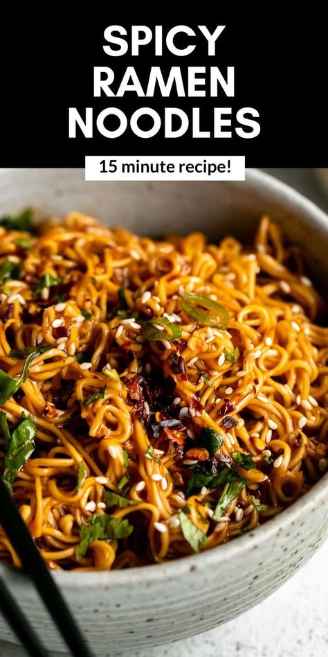 These 15 minute spicy ramen noodles are easy to make, full of flavor and vegan! These gluten free stir fry noodles are perfect as is or served with ground beef, chicken, salmon or tofu. This easy dinner is healthy and a family favorite. Beef Ramen Noodle Recipes, Gluten Free Stir Fry, Spicy Ramen Noodles, Ramen Dinner, Healthy Ramen, Ramen Recipes Easy, Fry Noodles, Asian Noodle Recipes, Noodle Recipes Easy