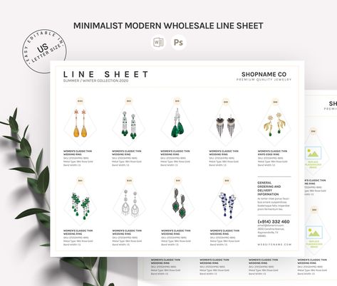 Line Sheet Template | Word/Photoshop by Axpand on @creativemarket Catalog Jewelry, Line Sheet Template, Product Catalog Template, Line Sheet, Wholesale Catalog, Sheet Template, Jewelry Catalog, Jewelry Ads, Catalog Design