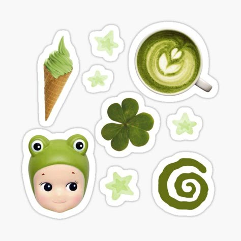 Matcha Aesthetic Sticker Pack, featuring a charming matcha mug, matcha ice cream, a green Sonny Angel, and whimsical stars and spirals in soothing shades of dark green. Ideal for adding tranquility to your notebooks, laptops, water bottles, and more.  #AestheticDecals #NotebookStickers #LaptopStickers #WaterBottleDecals #StickerPack #Whimsical #Coquette #EcoCore #DarkGreen #ForestGreen #FairyCore #Y2K #GreenAesthetic Green Sticker Aesthetic, Cute Green Stickers, Stars And Spirals, Matcha Sticker, Matcha Mug, Shades Of Dark Green, Good Stickers, Whimsical Stars, Stickers For Notebooks