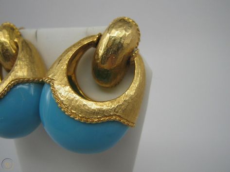 Pauline Rader Large Faux Turquoise Brass-Plated Hoop Clip Earrings // B1-E-12 | #2015330892 Raise Funds, Clip Earrings, Beautiful Woman, Ring Holder, Costume Jewelry, Clip On Earrings, Gemstone Rings, Auction, Turquoise