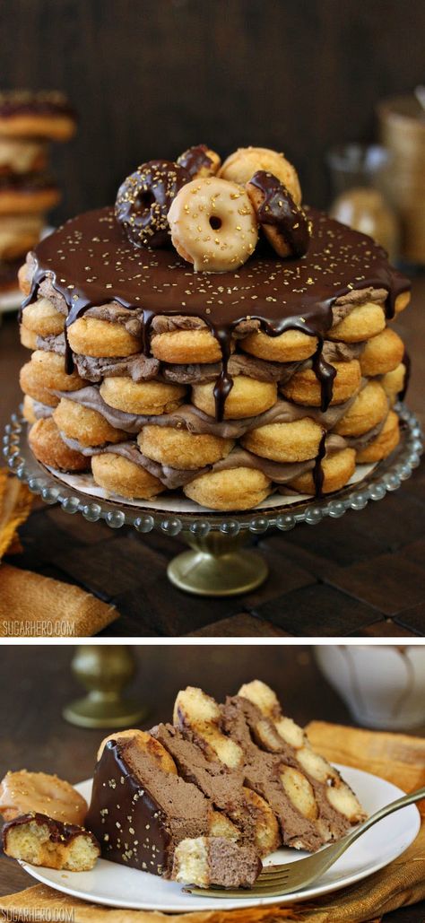 Doughnut Cake with Mocha Whipped Cream-- it's doughnuts and coffee like you've never had them before! | From SugarHero.com Mocha Whipped Cream, Redvelvet Brownies, Appetizer Healthy, Moms Food, Birthday Cake Alternatives, Homemade Sour Cream, Vegan Chicken, Recipe Cake, Delicious Deserts