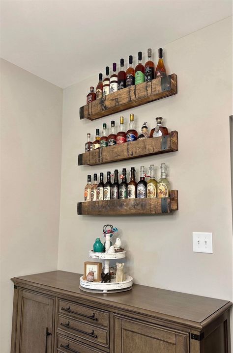 Floating Bourbon Barrel Stave Shelf With Free Shipping Shelves/groomsman Gift/rustic Wall Shelf/unique Bourbon Gifts for Men - Etsy Glass Shelves For Bar, Bourbon Shelf, Bourbon Barrel Decor, Bar Shelf Ideas, Tin Wainscoting, Diy Whiskey, Rustic Wall Shelf, 2x2 Wood, Decorated Liquor Bottles