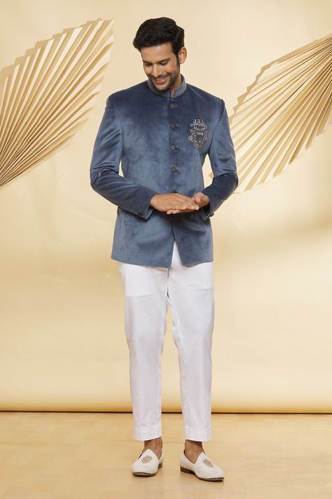 Shop for these amazing collections of Grey Jodhpuri: Suede Handwork And Pant Set For Men by Nero by Shaifali and Satya online at Aza Fashions. Jodhpuri Mens Suit, Reception Outfit For Men, Blazer For Men Wedding Reception, Jodhpuri Suits For Men Wedding, Suit For Men Wedding, Indian Wedding Clothes For Men, Wedding Kurta, Wedding Kurta For Men, Groom Dress Men