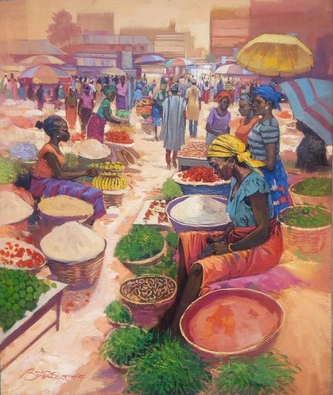 Market Square Kenyan Artists, Africa Art Design, Abstract Pencil Drawings, African Paintings, Art Painting Tools, Caribbean Art, African Art Paintings, Square Painting, Market Square