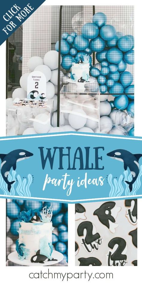 Blue Whale Birthday Theme, Whales Birthday Party, Whale Party Food, Orca Whale Party Decorations, Whale Party Theme, Whale Decorations Party, Sea World Theme Birthday Party, Seaworld Birthday Party, Whale Shark Birthday Party