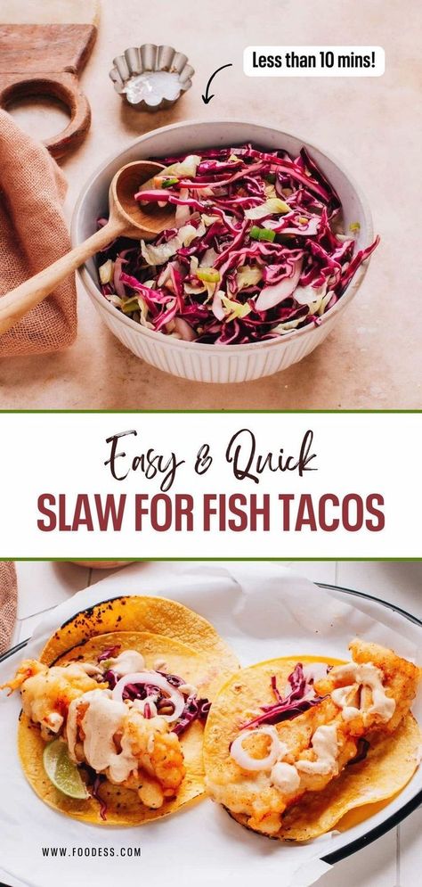 This cabbage slaw recipe for fish tacos is a must-try for anyone who loves a refreshing and crunchy topping on their tacos! It's super easy to make and adds a great contrast to the soft texture of the tortilla and the fish. With its crunchy, cooling, and tangy flavor, you won't be disappointed. This slaw recipe can also be served as a side dish to other mexican recipes. For the full recipe and a video tutorial, check out my blog. Taco Cabbage Slaw, Fish Taco Cabbage Slaw, Recipe Fish Tacos, Taco Cabbage, Fish Tacos With Cabbage Slaw, Slaw For Tacos, Tacos With Cabbage Slaw, Slaw For Fish Tacos, Fish Tacos With Cabbage