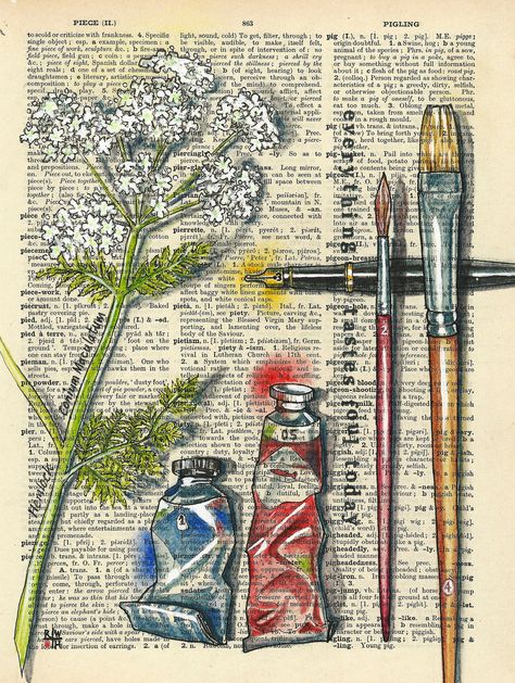 Rhian Wyn Harrison Tool Illustration, Kunstjournal Inspiration, Artist Tools, Newspaper Art, Book Page Art, Dictionary Art, 수채화 그림, Vintage Poster Art, Little Pigs