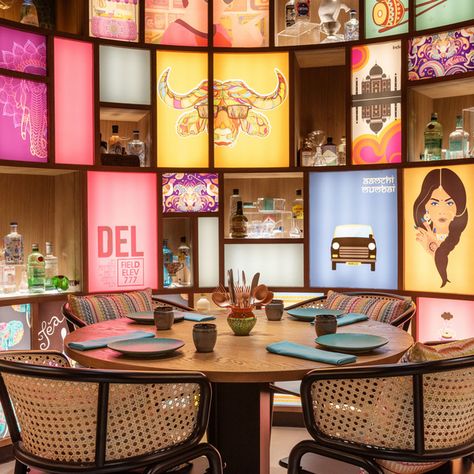 Resturant Interior, Street Food Restaurant, Indian Cafe, Restaurant In Dubai, Street Food Design, Eclectic Restaurant, Bar Design Awards, Booth Seating, Indian Street