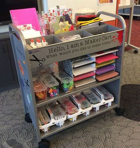 "Hello, I am a Maker Cart. What would you like to make today?" written on a library book cart. Mrs. J in the Library's note: AMAZING use of bins, paper holders, and dividers on top! Wish I could find the source image Desks Organization, Makerspace Elementary, Makerspace Library, Book Cart, Library Organization, Maker Space, Elementary Library, Classroom Organisation, Library Displays