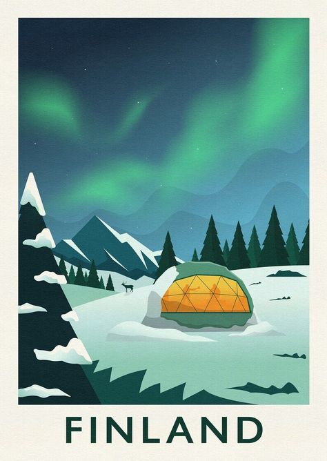 Finland Travel, Snowy Landscape, A Cabin, The Northern Lights, Dark Art Illustrations, London Print, Travel Illustration, Vintage London, The Wilderness