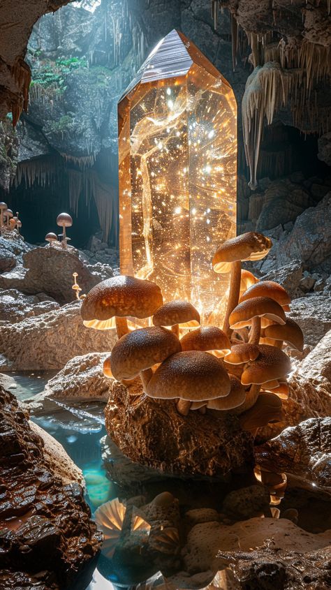 Gigantic Crystal in a Cave Crystal Cave Aesthetic, Bioluminescent Cave, Mushroom Cave, Magical Cave, Bioluminescent Mushrooms, Souls Purpose, Crystal Temple, Cave Photography, Crystal Forest