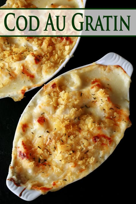 Two oblong ceramic ramekins of traditional cod au gratin. Cod is in a creamy, cheesy sauce, topped with crushed chips, more cheese, and savoury. Cod Fish Recipes Baked, Ceramic Ramekins, Newfoundland Recipes, Cod Fish Recipes, Seafood Dish Recipes, Au Gratin Recipes, Fish Recipes Baked, Fish Dinner Recipes, Seafood Entrees