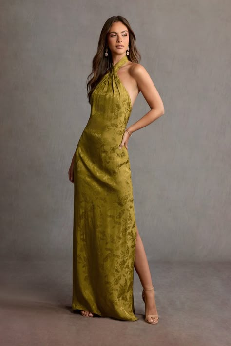 Enter your soft girl era in the Hayden Halter Neck Maxi Dress. This stunner is cut from a beautiful butterfly jacquard fabric, combining a feminine silhouette and an open back. Wear this style to your next special occasion or wedding reception. Fall Wedding Guest Dress Cold, Mustard Green Dress, Cocktail Rehearsal Dinner Outfit Guest, Disco Wedding Guest Dress, Asian Wedding Guest Outfit, Halter Wedding Guest Dress, Chartreuse Bridesmaids Dresses, Montana Wedding Guest Outfit, Fall Formal Dresses Wedding Guest