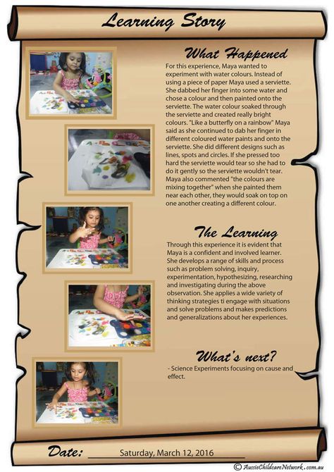 Learning Story Scroll - Aussie Childcare Network Painting Observation In Childcare, Learning Story Templates, Learning Story Early Childhood, Observations Childcare Early Childhood, Learning Stories Early Childhood, Observation Childcare, Childcare Observations Examples, Childcare Documentation, Observation Examples