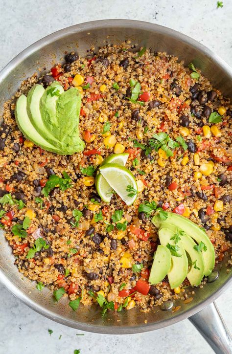 One-Pan Mexican Quinoa - Six Hungry Feet Quinoa Recipes Healthy Easy, One Pot Mexican Quinoa, One Pan Mexican Quinoa, Quinoa Recipes Dinner, Protein Lunches, One Pot Mexican, Quinoa Tacos, Lower Carb Meals, Quinoa Recipes Healthy