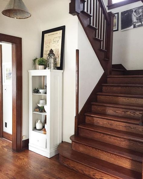 Stained Wood Trim, Dark Wood Trim, Oak Staircase, Craftsman Home Interiors, Stained Trim, Yellow Brick Home, Antique Home, Foyer Decorating, Brick Home