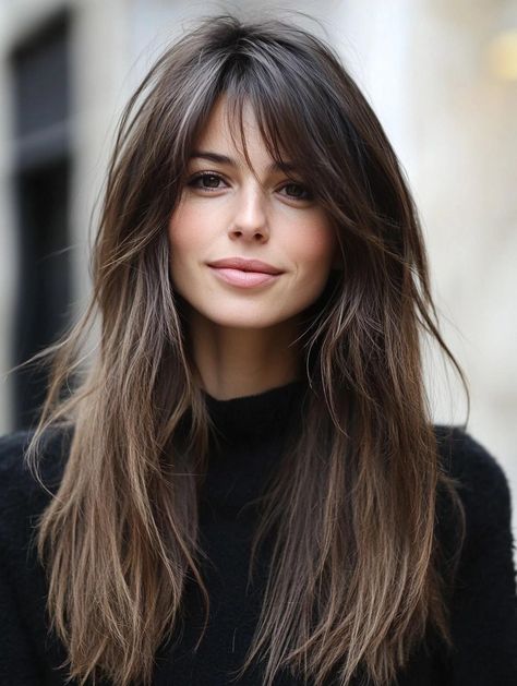 Effortless Style with Long Shaggy Hairstyles: A Guide to Texture and Volume Shaggy Long Bangs, Haircut 2025 Trends, Long Shaggy Haircut For Fine Hair, Shag Curtain Bangs Long Hair, Sweeping Bangs Long Hair, Hair Volume Styles, Side Bangs Thick Hair, Shaggy Curtain Bangs Long Hair, Bang Cuts For Long Hair