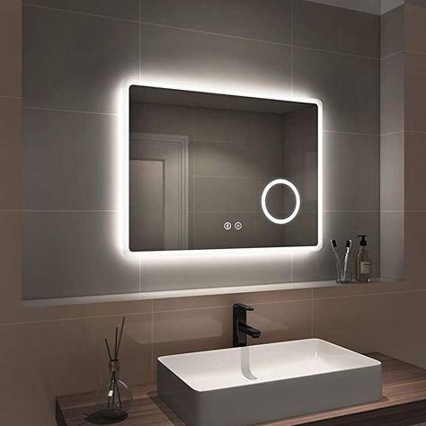 EMKE LED Bathroom Mirror Illuminated Wall Bluetooth Mirror 800 x 600mm Touch Switch + Demister Pad + Shaver Socket + 3X Magnifying Mirror, Horizontal : Amazon.co.uk: Home & Kitchen Bluetooth Mirror, Small Bathroom Mirrors, Mirrors Uk, Led Bathroom Mirror, Bathroom Mirror Lights, Mirror With Led Lights, Led Bathroom, Magnifying Mirror, Led Mirror Bathroom