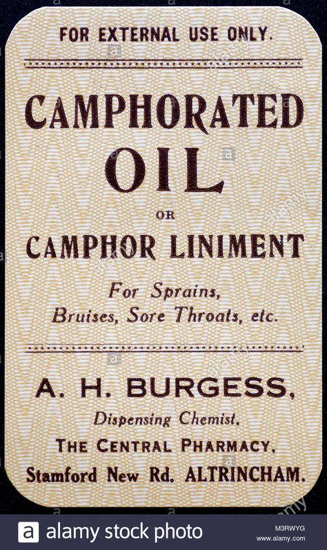 Download this stock image: Vintage Chemist labels for Medicine bottles 1950s - Camphorated Oil or Camphor Liniment - M3RWYG from Alamy's library of millions of high resolution stock photos, illustrations and vectors. Old Medicine Labels, Vintage Medicine Labels, 1800s Apothecary, Edgy Magazine, Old Medicine, Vintage Medicine Bottle, Old Medicine Bottles, Vintage Medicine, Apothecary Labels