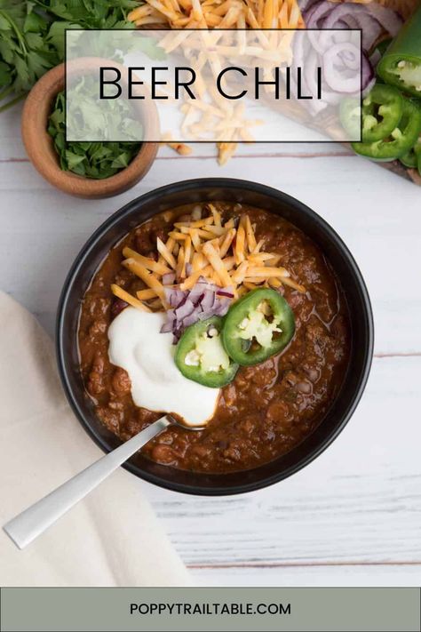 Beer Chili Chili Recipe With Chocolate And Beer, Chili Made With Beer, Chili With Beer, Chocolate Chili Recipe, Best Chilli Recipe, Chili With Ground Beef, Ground Beef Beans, Beer Chili Recipe, Beer Chili