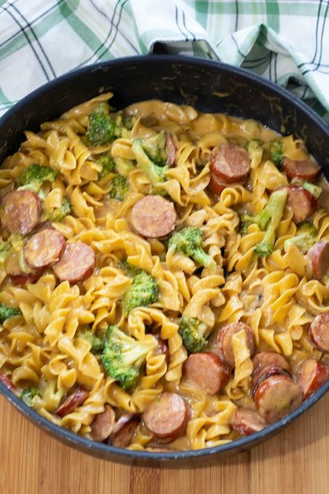 Cheesy Broccoli Sausage Pasta Skillet Sausage Pasta And Broccoli, Smoked Sausage And Broccoli Pasta, Cheesy Smoked Sausage Pasta With Broccoli, One Pan Sausage Pasta, Smoked Sausage And Broccoli Recipes, Sausage Broccoli Recipes, Beef Sausage Pasta Recipes, Broccoli And Sausage Recipes, Sausage And Broccoli Recipes