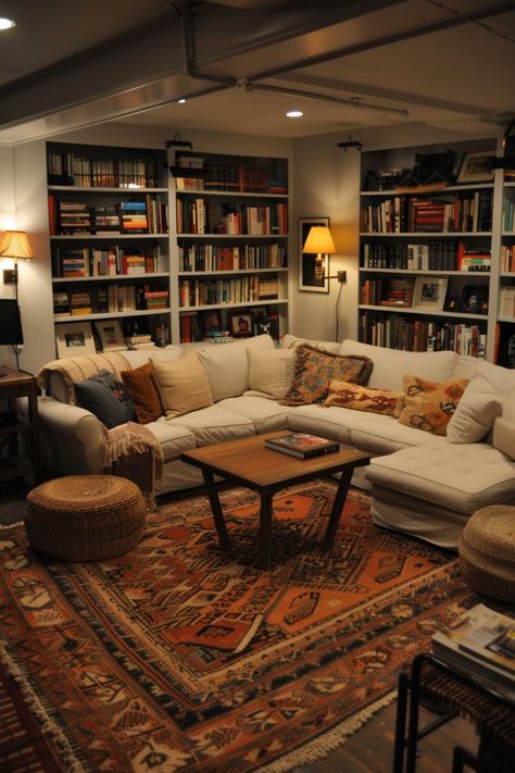 Easily make a home library that you can tucker down in with a good book using these tips and ideas. Bookshelf Lounge Room, Home Library Basement, Cozy Living Room With Bookshelves, Custom Home Library, Family Library Room, Small Cozy Library, Library Living Room Ideas, Basement Library Ideas, Home Library Layout