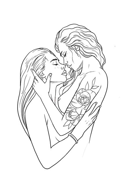 Easy Kissing Sketches, Lesbian Line Art Drawing Easy, 2 Women Drawing, Lesbian Couple Drawing Template, Lesbian Coloring Pages, Plus Size Woman Drawing, Drawing Reference Poses Couples, Sensual Line Drawing, Lesbian Tattoo Ideas Design