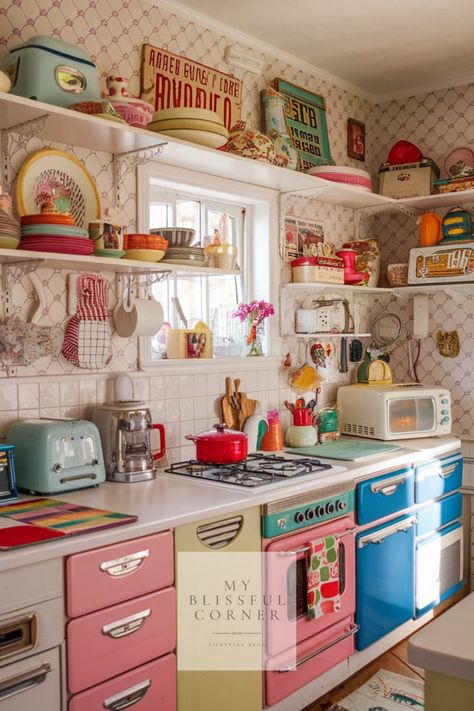 Kitschy kitchen Kitsch Kitchen Decor, 1940 Kitchen Style, Weird Kitchen Decor, 50’s Decor, Kitschy Home Decor, Kitschy Home, Kitchen Ideas Cottagecore, Vintage Eclectic Maximalism, Quirky Kitchen Ideas