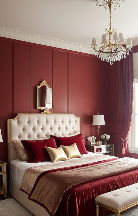 Red Gold Bedroom Ideas, Cream And Burgundy Bedroom, Red Master Bedrooms Decor, Gold And Red Bedroom, Red Bedroom Ideas Aesthetic, Burgundy And Gold Bedroom, Red Coquette Bedroom, Red Velvet Bedroom, Red And Gold Bedroom Ideas