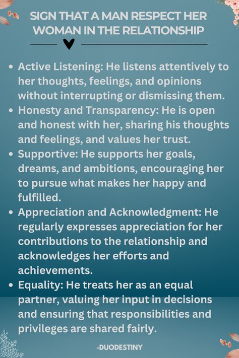 Discover the key signs that indicate a man respects his woman in a relationship. From active listening and honesty to supporting her goals and respecting her boundaries, these behaviors demonstrate true respect and love. #RelationshipAdvice #RespectInRelationships #HealthyRelationships #LoveAndRespect #RelationshipGoals #CoupleGoals Men Respecting Women, Love And Respect Book, Sacred Sexuality, Improve Relationship, Bad Relationships, Life Vibes, Gentleman Quotes, Relationship Stuff, Relationship Psychology