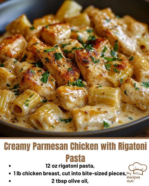 Creamy Parmesan Chicken with Rigatoni Pasta Rigatoni Recipes Easy, Rigatoni Pasta Recipes, Beef Tips And Noodles, Crockpot Chicken Spaghetti, Creamy Parmesan Chicken, Rigatoni Recipes, Mexican Casserole Recipe, Best Macaroni Salad, Chicken Parmesan Pasta