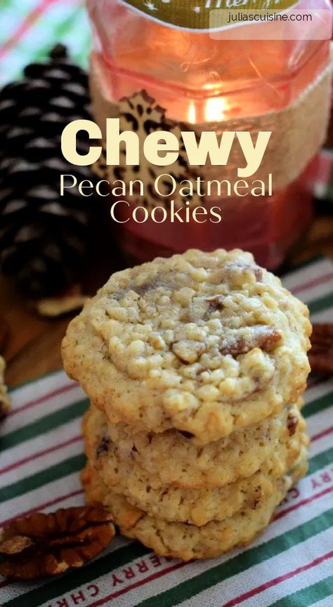 These Chewy Pecan Oatmeal Cookies are perfect for the upcoming holidays. Stacked full of oatmeal and lots of fresh pecans. Make them this season. Pecan Oatmeal Cookies, Pecan Oatmeal, Pecan Cookie, Pecan Pie Cookies, Pecan Desserts, Oatmeal Cookies Chewy, Healthy Cookie Recipes, Pecan Cookies, Oatmeal Cookie Recipes