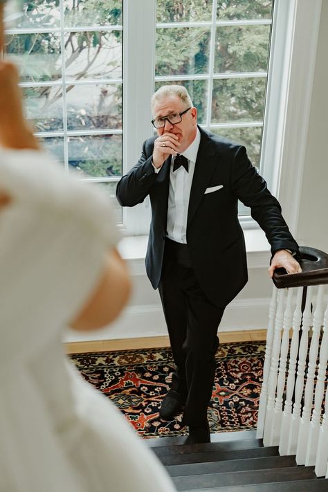 Dad in tuxedo holds his hand to his mouth, holding back tears as he looks up the stairs at his daughter in her wedding dress. Father Daughter First Look, Father Daughter Wedding, Nova Scotia Wedding, Wedding Photo List, Canadian Wedding, Father Photo, Family Wedding Photos, Wedding Portrait Poses, Wedding First Look