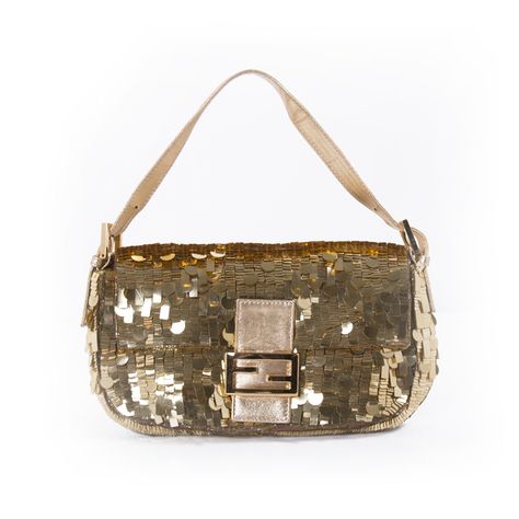 Fendi Gold Sequin Baguette Details: Gold Sequin / Gold-Tone Hardware / Single Leather Shoulder Strap / Orange Stain Lining / Magnetic Snap Closure at Front. Includes Dustbag Measurement: Width 25cm / Height 19cm Fendi Baguette Bag, Fendi Baguette, Baguette Bag, Gold Sequins, Timeless Handbag, Gold Sequin, Gold Leather, Fendi Bags, Prada Bag