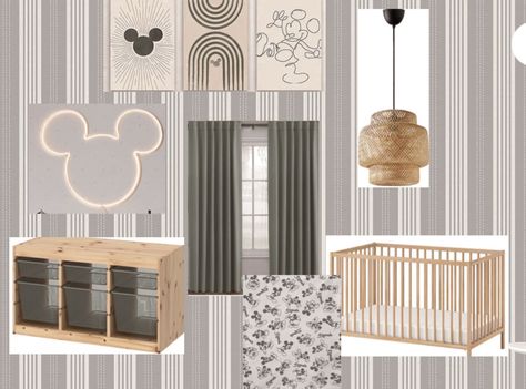 Disney Nursery Wallpaper, Disney Twin Nursery, Modern Mickey Mouse Room, Minimal Disney Nursery, Neutral Mickey Mouse Room, Modern Disney Room Decor, Disney Nursery Neutral, Modern Disney Bedroom, Neutral Minnie Mouse Bedroom