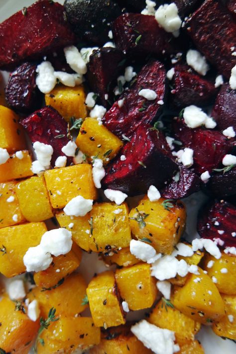 Honey roasted beets and butternut squash - Rushing to the Kitchen Butternut Squash Beets Recipes, Beet And Squash Recipes, Roasted Beets And Squash, Beets Butternut Squash, Beet Squash Salad, Beet Butternut Squash Goat Cheese Salad, Beet And Butternut Squash Recipes, Beet And Butternut Squash Salad, Roasted Beets And Butternut Squash