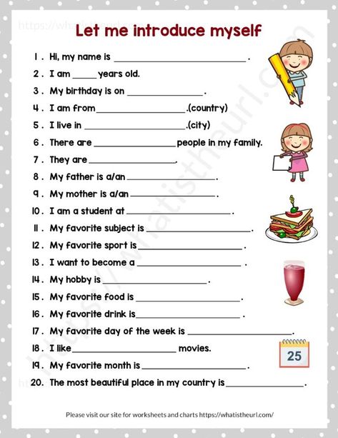 Now the kids are going to back school this year after a long holidays.  They will have to write self introduction in some classes.Please download the PDF Self introduction for kids (2022) Self Introduction Worksheet, Self Introduction Speech, English Conversation For Kids, Self Introduction, Conversation Starters For Kids, English For Students, Cloze Activity, Teach English To Kids, English Learning Books