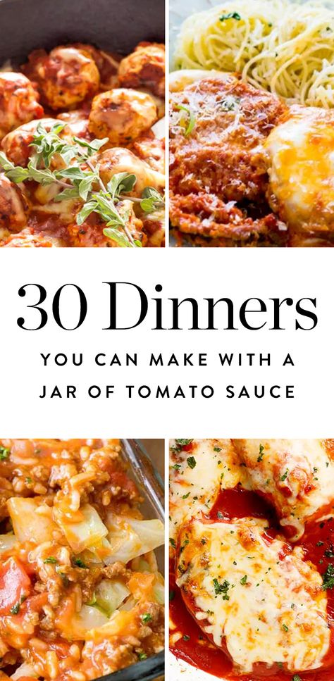 Check out these quick-and-easy dinner recipes that you can make with a jar of tomato sauce. You’ve got this. Things To Do With Marinara Sauce, Dinner Ideas With Spaghetti Sauce, Meat Sauce Dinner Ideas, Meals With Pasta Sauce, Dinner With Pasta Sauce, What Can I Make With Spaghetti Sauce, Recipes With Marinara Sauce Dinners, Marinara Sauce Meals, Marinara Dinner Ideas