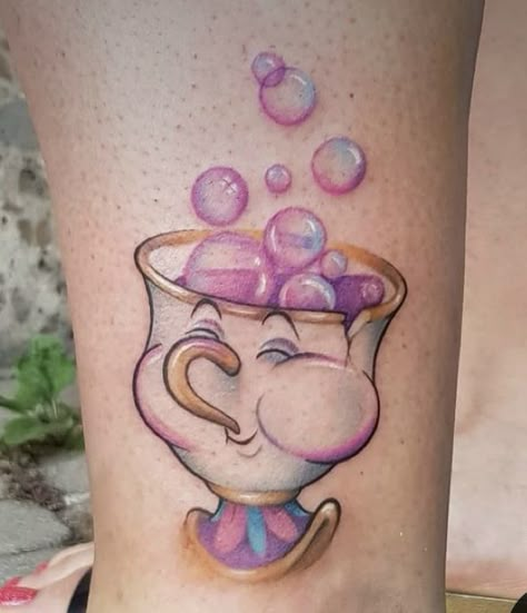 Outline and no outline Hand Tattoos For Women Disney, Disney Chip Tattoo, Disney Tattoo Ideas Female, Chip Tattoo Beauty And The Beast, A Goofy Movie Tattoo, Disney Shoulder Tattoo, Disney Character Tattoos Ideas, Mrs Potts Tattoo, Dopey Tattoo Ideas