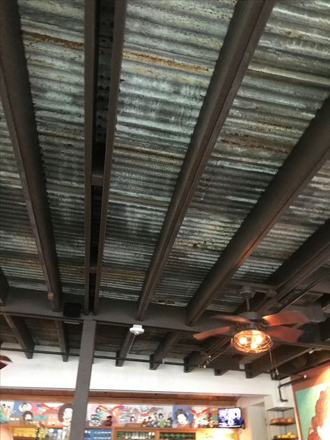 Galvanized Tin Ceiling, Patio Ceilings, Rustic Tin Ceilings, Corrugated Tin Ceiling, Garage Bedroom Conversion, Black Metal Ceiling, Metal Panel Ceiling, Barn Bar, Apartment Remodel