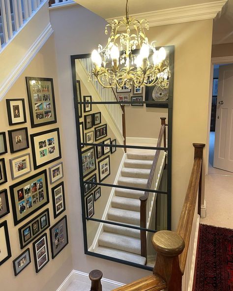 Large mirror wall mounted to enhance and reflect our clients stairway landing area. Viewed from three stairway points it certainly opened… | Instagram Up Stairs Hallway Decor, Tall Ceiling Stairway Decor, Mirror Wall Decor Stairs, Mirror Above Stairs, Mirror Wall Staircase, Mirrors On Staircase Wall, Staircase Mirror Ideas, Mirror Stairway Wall, Mirror On Stairway Wall