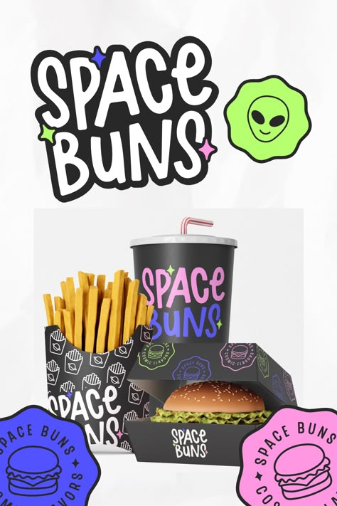 My branding project for Space Buns, an interstellar burger restaurant with a galactic theme and vibrant colors to express the fun flavors this brand brings to the table. Burger Branding Design, Space Burger, Burger Branding, Big Burger, Space Food, Pizza Logo, Cereal Bar, Space Buns, Burger Restaurant