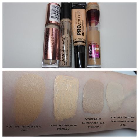 Soon more on my blog. Comparison of light shades within drugstore. Make up revolution, LA Girl, Maybelline and Catrice. concealers.   #concealer #maybellinetheerasereye #makeuprevolution #light #porcelain #laproconceal #bblogger Gothic Make Up, La Girl Pro Concealer, High Coverage Concealer, Drugstore Concealer, My Makeup Bag, Essence Makeup, Gothic Makeup, La Girl, Light Skin