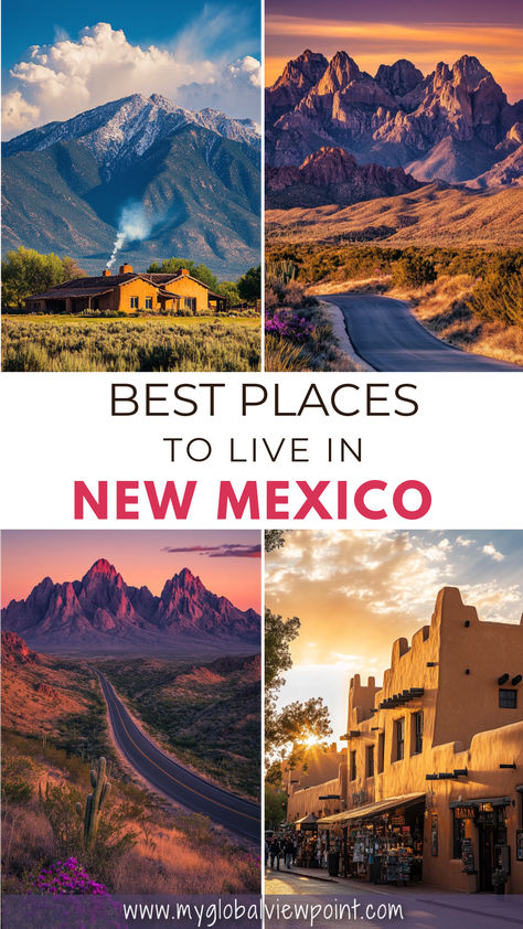 A collage featuring picturesque landscapes and charming towns in New Mexico, showcasing mountains, desert roads, and traditional Southwestern architecture. Mexico Homes, New Mexico Style, New Mexico Homes, A New Start, Mexico Style, Places To Live, Stunning Landscapes, Best Places To Live, New Start