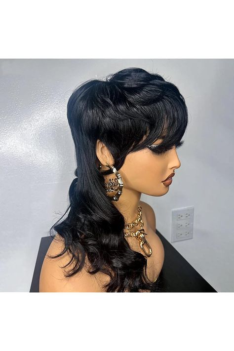 QiaQiaRing Mullet Wigs for Black Women 80s 90s Body Wave 18inch 1B Mullet Pixie Cut Wig With Bangs Synthetic Heat Resistant Hair Replacement Wigs Cosplay Wig Full Machine Made Glueless Wig for Women Mullet Quickweave Black Women, Black Women Mullet Hairstyles, Colored Mullet, Bob With Bangs Hairstyles, Mullet Pixie, 90's Hairstyles, Mullet Wigs, Cuban Twist Hair, Full Lace Wig Glueless