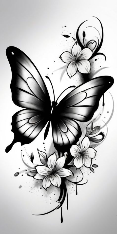 Butterfly Woman Tattoo, Butterfly Flower Tattoo Design, Tattoo Template Printables, Butterfly Floral Tattoo, Butterfly And Flower Tattoo Designs, Floral Butterfly Tattoo Design, Nan Tattoo, Woman Tattoo Design, Butterfly With Flowers