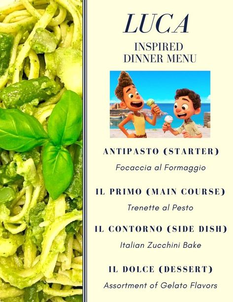 Luca Inspired Dinner Menu Disney Dinner Date Ideas, Luca Themed Food, Luca Inspired Food, Luca Movie Night Food, Disney Movie Dinner Theme, Luca Party Food, Luca Themed Dinner, Luca Dinner And Movie, Disney Movie Meals