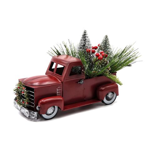 PRICES MAY VARY. Length:12 inches (30cm / 1ft). Weight: about 2 pounds. This medium size vintage red truck decor is suitable for home indoor, such as: dinning table centerpiece, mantel top, shelves, stroage, bedside table,etc... Christmas trees, pinecones, red berries fill the back of the truck. Mini Christmas wreath hanging from the truck head. Realistic artificial snowflake cover on the truck's fillers, create a strong snowy Christmas atmosphere. The product is made by metal and polyethylene, Vintage Red Truck Decor, Vintage Truck Christmas, Christmas Table Centerpiece, Crate Decor, Red Truck Decor, Christmas Tree Red, Flocked Christmas Tree, Red Truck Christmas, Farmhouse Centerpiece