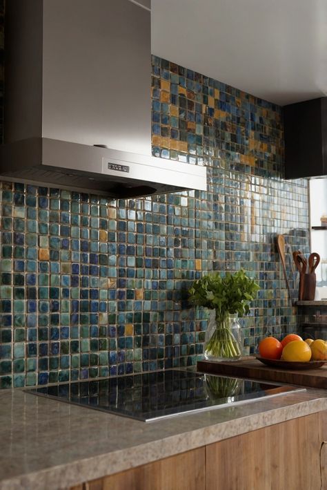 kitchen backsplash tile ideas, colorful backsplash tiles, backsplash tile design, tile backsplash patterns Fun Countertop Ideas, Multi Color Tile, Shared Home Office, Colored Tiles, Light Oak Floors, Colorful Backsplash, A Daily Routine, Countertop Colours, Eclectic Kitchen