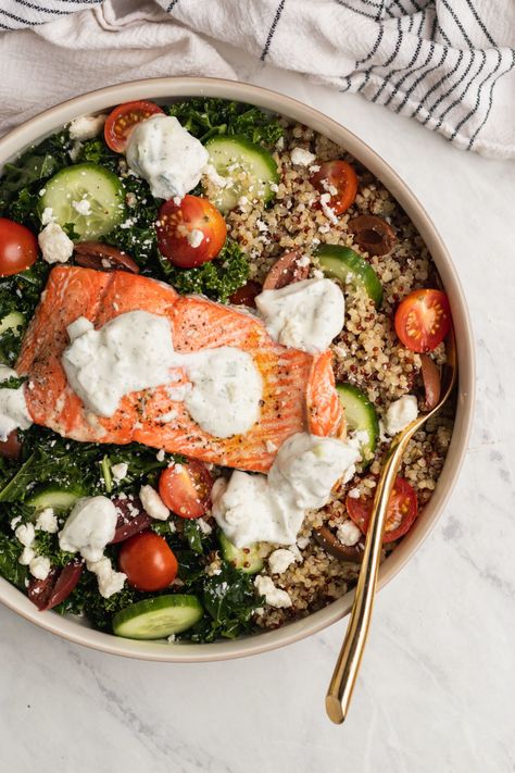 Air Fryer Tzatziki Salmon Bowls with Lemony Kale - Inspiralized Tzatziki Salmon, Salmon Bowls, Shrimp Zucchini, Salmon Bowl, Healthiest Seafood, Spiralizer Recipes, How To Cook Fish, Salmon Salad, Healthy Food Blogs